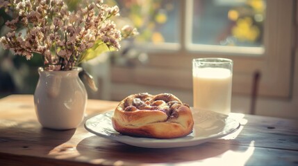 Wall Mural - Cinnamon bun with a glass of milk, breakfast table generative ai