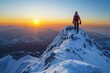 © Yuliia - Middle-aged Caucasian male climber scaling snowy peak during sunrise in full body shot.