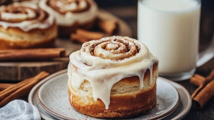 Wall Mural - Cinnamon roll with cream cheese frosting next to a chilled glass of milk generative ai