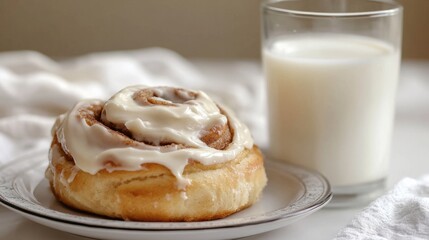 Wall Mural - Cinnamon roll with cream cheese frosting next to a chilled glass of milk generative ai