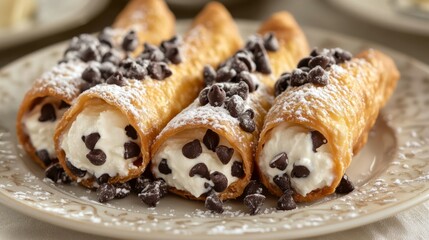 Wall Mural - Closeup of Italian cannoli filled with creamy ricotta and chocolate chips generative ai