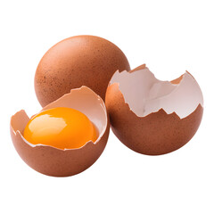 two brown eggs, one cracked open revealing a vibrant yellow yolk, white background