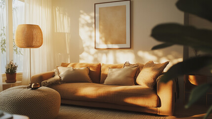 Cozy living room with warm sunlight illuminating the sofa and decorations during the afternoon