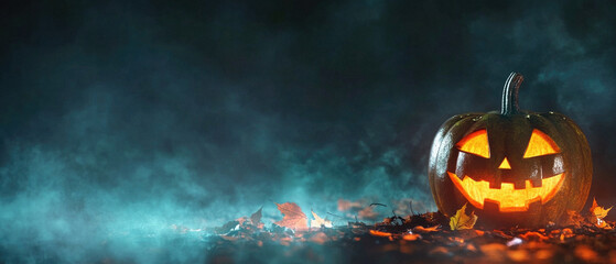 Wall Mural - A pumpkin with a scary face is on a dark background. The pumpkin is lit up and he is glowing in the dark. Scene is spooky and eerie, as the pumpkin's face seems to be staring at the viewer
