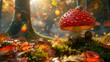 © Victor - Close up of fly agaric mushroom with snail in forest surrounded by moss and autumn leaves