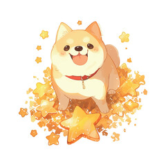 Sticker - A cute dog is sitting on a pile of gold stars. The dog is smiling and has a red collar. The image has a playful and cheerful mood