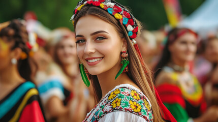 Bulgarian culture represented through a mix of traditional music and dance performances at a lively street festival