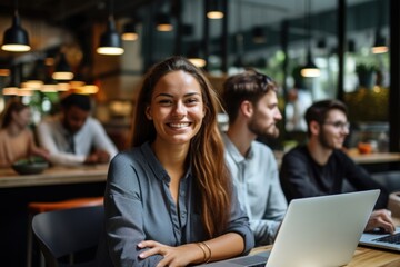 Canvas Print - Working woman laptop computer smiling.