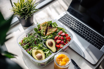 Modern office lunchbox with neatly packed avocado toast, salad, and a smoothie, placed next to a laptop on a desk.