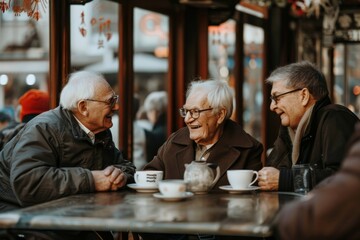 Poster - Group of senior friends drinking coffee in Paris, France. Elderly people talking and drinking coffee.