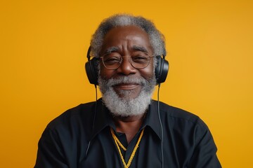 Wall Mural - Man wearing headphones and a black sweater. He has a beard and gray hair. He is looking at the camera. Wide shot of an old black man listening to music with headphones, solid color background