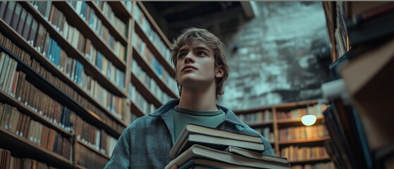 Canvas Print - Young man is holding a stack of books in a library. Young man, checked shirt, holding stack of books, standing in grand library, surrounded by tall shelves, scholarly atmosphere concept