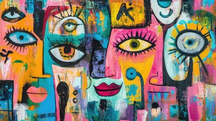 Eclectic abstract painting with vivid strokes and surreal patterns, featuring playful faces and dreamlike figures.