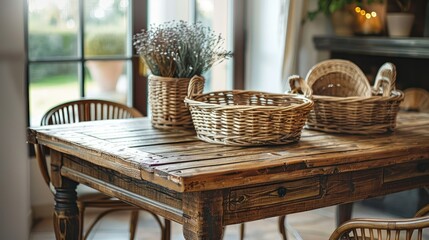 Wooden table with wicker baskets and a chair