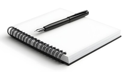 Open spiral notebook with a sleek black fountain pen resting on top ready for academic writing research and study  3D digital of a minimalist workspace or office scene