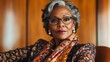 © World of AI - an older Black woman in a patterned scarf and business suit, sitting in a warm, wood paneled executive office, holding reading glasses