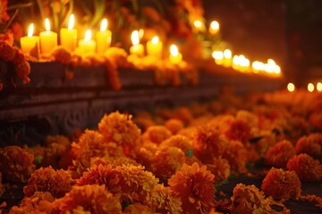 Wall Mural - Vibrant Marigold Garland and Candlelit Traditional Mexican Altar for Day of the Dead