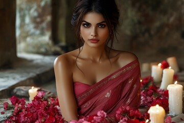 Dramatic Portrait of a Woman in a Red Silk Saree with Candles and Flowers