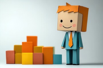 A smiling cardboard character stands beside colorful blocks and graph elements, symbolizing growth and success concepts, illuminated by soft ambient lighting.