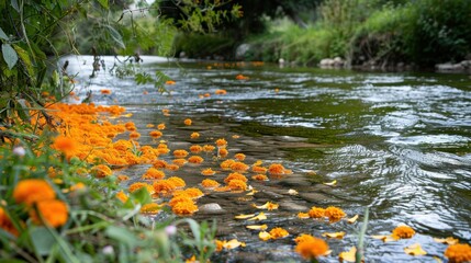 Marigold Petals Floating Downstream in a Serene Riverside Scene - Dia de los Muertos Ritual Setting