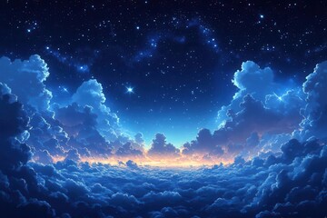 fluffy volumetric clouds drift across a dark blue night sky sprinkled with stars creating a serene and dreamy atmosphere perfect for nighttime contemplation