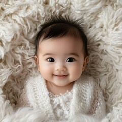 Adorable baby smiling on a soft, fluffy blanket, showcasing innocence and joy, a perfect representation of childhood happiness.