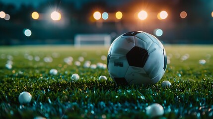 Soccer ball on green grass with bokeh light background