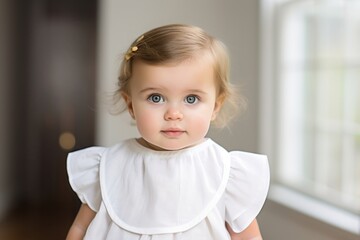 Baby wearing bib portrait white photo.