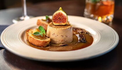 A foie gras terrine served with homemade brioche and a fig compote in a refined restaurant atmosphere