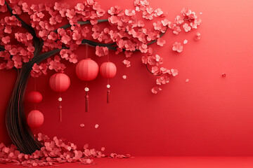 Wall Mural - A red tree with red lanterns hanging from it. The tree is surrounded by red paper and the lanterns are hanging from the branches. The scene is festive and colorful, evoking a sense of celebration