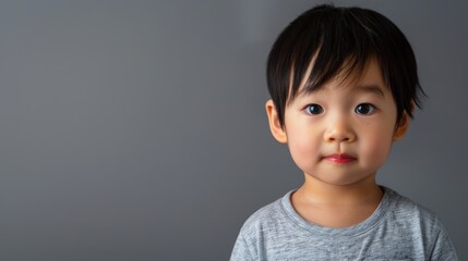 Portrait of a young boy with black hair, wearing a gray shirt, looking directly at the camera with a neutral expression against a gray background.