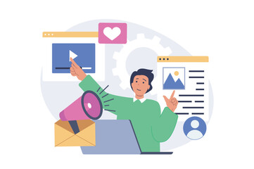 Fototapete - Social media concept in modern flat design for web. Man posting new photos and videos, promoting his blog with marketing tools, attracting new followers, sharing information. Vector illustration.