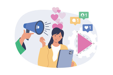 Aufkleber - Social media concept in modern flat design for web. Woman posting new videos and making live broadcast, promoting blog with marketing tools in app, attracting new followers. Vector illustration.