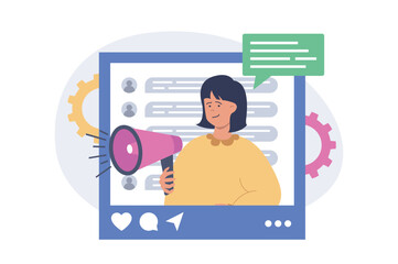 Aufkleber - Social media concept in modern flat design for web. Woman communicating online at chats, leaving comments, sharing posts and promoting its with marketing tools and advertising. Vector illustration.