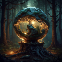 Realistic illustration of glowing wizzard globe in spooky forest.