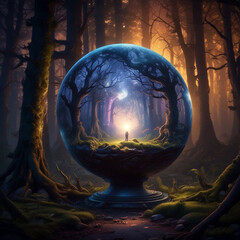 Realistic illustration of glowing wizzard globe in spooky forest.