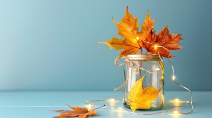 Poster - A glass jar with yellow and orange maple leaves inside