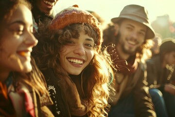 Sticker - Group of friends having fun at a music festival. Group of young people having fun outdoors.