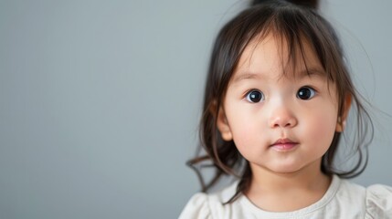 A close-up portrait of a young child with big eyes, displaying innocence and curiosity against a soft gray background.