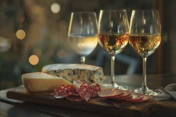 Wooden table set with two glasses of wine, sliced meat, cheese board. Bokeh background. Holiday party. A luxurious dining setting. Romantic ambiance for a Valentine's Day dinner in the restaurant.