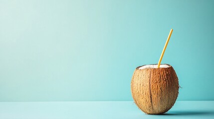 A coconut with a straw in it on a light blue background.