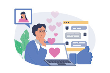 Aufkleber - Social network concept in modern flat design for web. Man and woman communicating online in date app, sending romantic messages in chat and flirting, contacting by internet. Vector illustration.