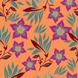 © ZUHRI - Seamless floral pattern, cute ditsy print with small pink flowers, leaves on purple background. Pretty botanical design for fabric, paper and other surfaces. Vector illustration.