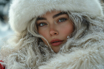 A young woman in a warm fur coat and hat.