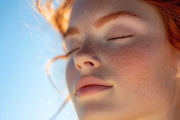 Wall Mural - A woman with red hair and freckles is smiling and looking up at the sky. Concept of peace and relaxation, as the woman is enjoying the beautiful day