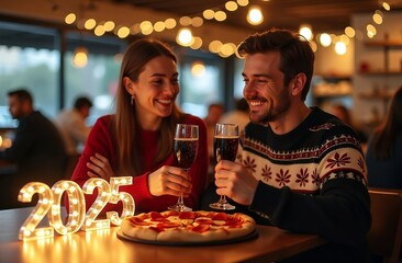 Young couple, man and woman in a pizzeria for new year, christmas 2025. 