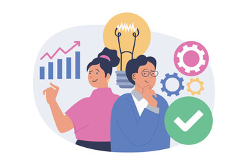Fototapete - Teamwork concept in modern flat design for web. Man and woman brainstorming, analyzing business data, improving processes with innovation, developing business and achieving goals. Vector illustration.