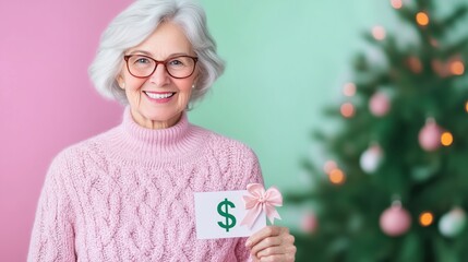 Wall Mural - Smiling elderly woman holding gift card