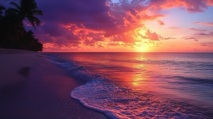 Poster - As the sun sets over the horizon, vibrant colors fill the sky, reflecting on the tranquil sea while gentle waves lap against the sandy beach, creating a peaceful atmosphere