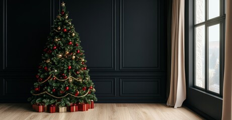 an image of a decorated christmas tree by a window at home shows a composite digital image with copy